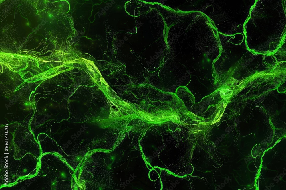 Obraz premium Digital generated image of green infinity covered by organic turbulent splines on black background.