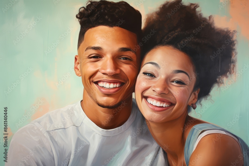 Portrait of a young couple, age 20, African American, with bright smiles, first love, pastel mint background
Portrait of a young couple, age 20, African American, with bright smiles, first love, pastel mint background