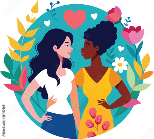 Two women looking at each other surrounded by flowers and hearts