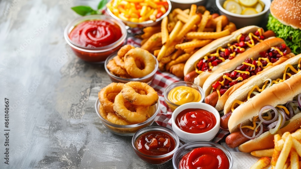 An array of American snacks like hot dogs, fries, onion rings, and dipping sauces, displayed on a table with extra space for text or other food items, bright and appealing presentation An array of American snacks like hot dogs, fries, onion rings, and dipping sauces, displayed on a table with extra space for text or other food items, bright and appealing presentation