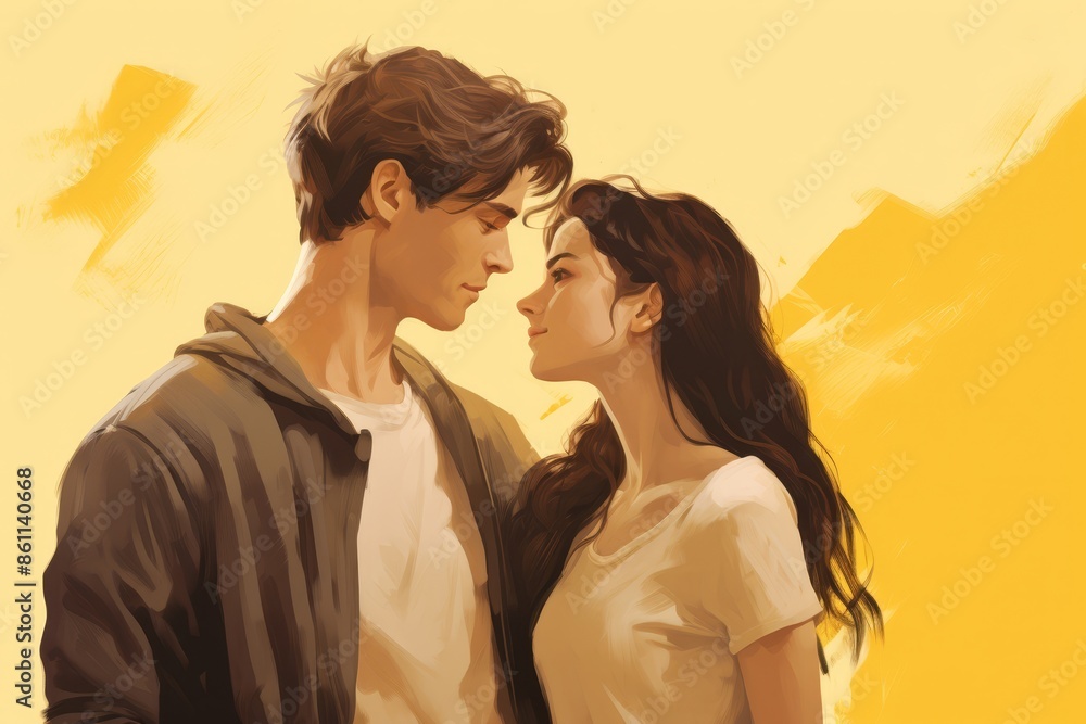 Portrait of a young couple, age 20, Caucasian, leaning on each other, first love, pastel yellow background Portrait of a young couple, age 20, Caucasian, leaning on each other, first love, pastel yellow background
