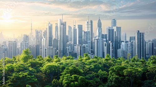 Eco-friendly city skyline: green future with sustainable architecture and green spaces, inspiring Save the Green Planet initiatives.