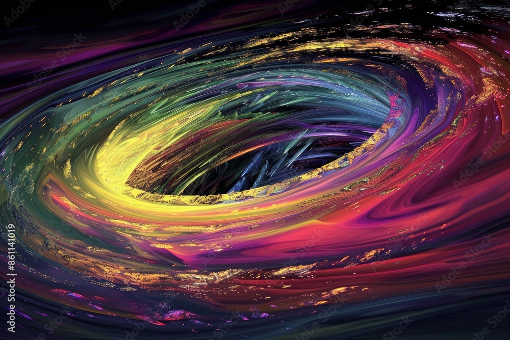 Digital generated image of multi coloured oval shape starting being turbulent. Digital generated image of multi coloured oval shape starting being turbulent.