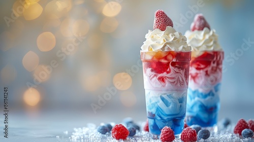 Colorful slush drink showcasing blue, white, and red layers, topped with creamy whipped cream, light background to highlight the vibrant drink, perfect for summer photo