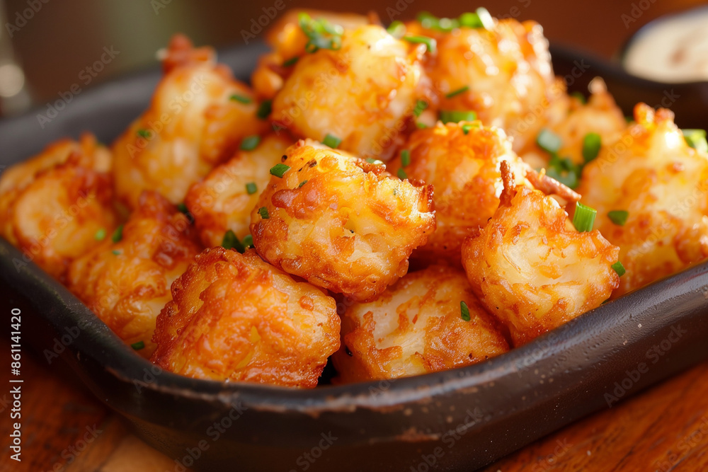A plate of crispy, golden tater tots garnished with fresh chives, ready to be served as a delicious snack A plate of crispy, golden tater tots garnished with fresh chives, ready to be served as a delicious snack