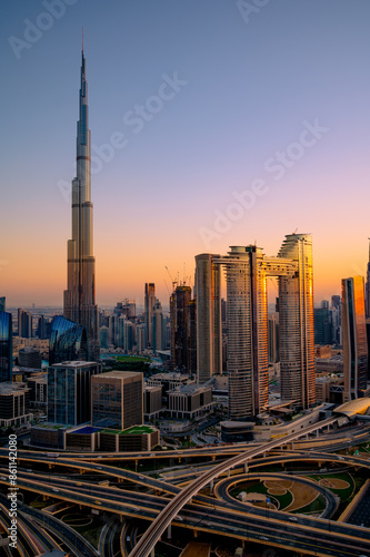 Dubai sunset with views to the city centre from a skyscraper