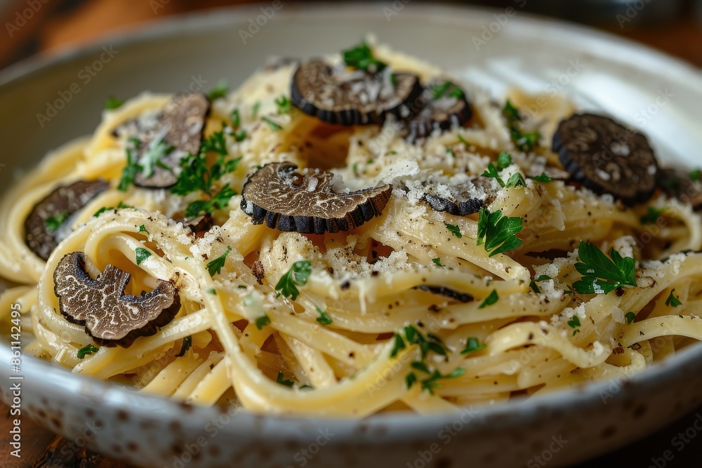 A bowl of truffle pasta, with freshly shaved black truffles and a sprinkle of Parmesan cheese, garnished with parsley. A bowl of truffle pasta, with freshly shaved black truffles and a sprinkle of Parmesan cheese, garnished with parsley.