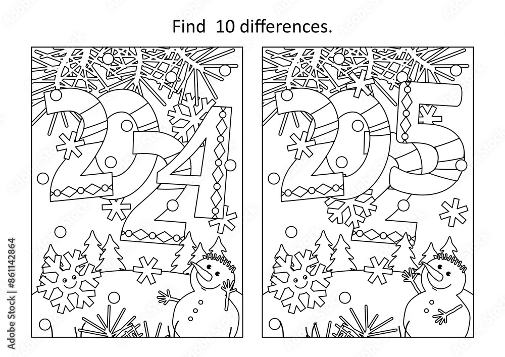 Obraz premium Years 2024 and 2025 difference game and coloring page with rasing year 2025 heading, cute little snowman, cheerful snowflake and outdoor winter scene