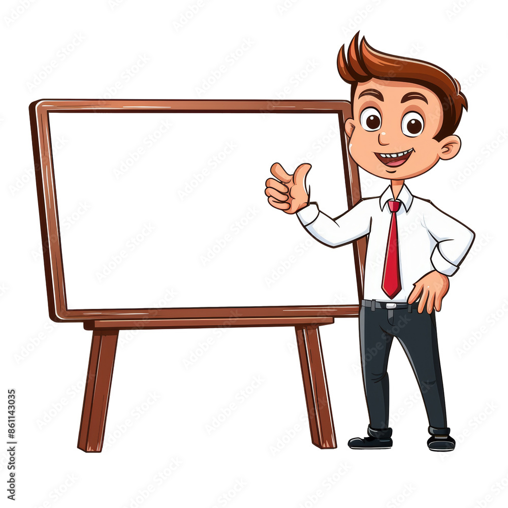 Cartoon character of a teacher standing next to a blank blackboard giving a thumbs up, wearing a white shirt and red tie. Cartoon character of a teacher standing next to a blank blackboard giving a thumbs up, wearing a white shirt and red tie.