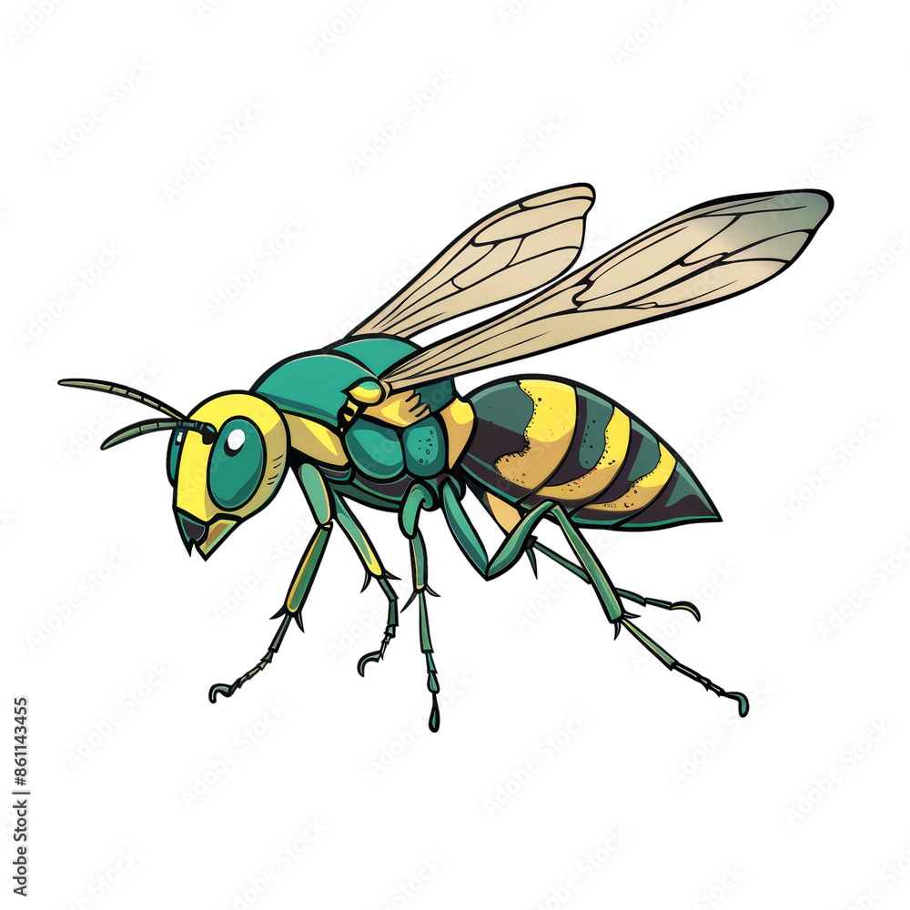 Fototapeta premium Colorful vibrant cartoon of a flying bee with clear wings and yellow stripes, ideal for educational and creative design projects.