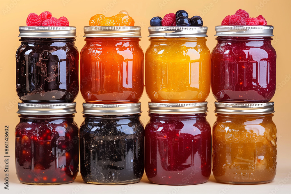 Neatly arranged jars of colorful fruit preserves with fresh berries on top creating a vibrant and appetizing display Neatly arranged jars of colorful fruit preserves with fresh berries on top creating a vibrant and appetizing display