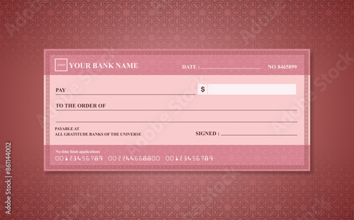 Blank bank check. Checkbook cheque template. Checkbook cheque template with red theme. Money payment voucher or pay cash cheque certificate.