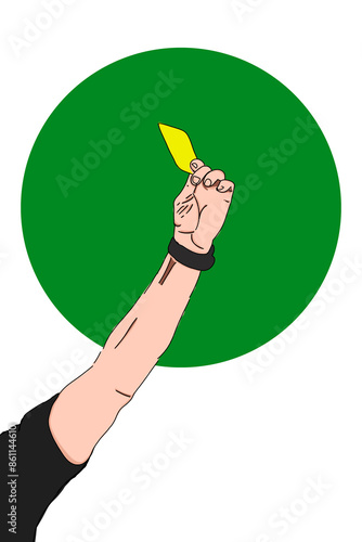 Illustration of hand of referee showing yellow card against green circle