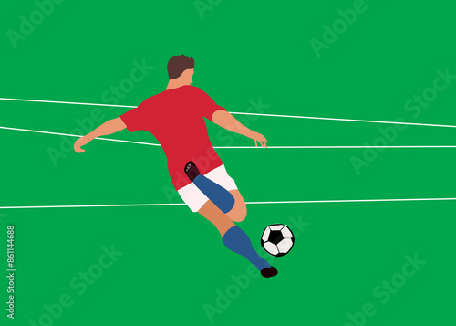 Illustration of man kicking soccer ball against green background photo