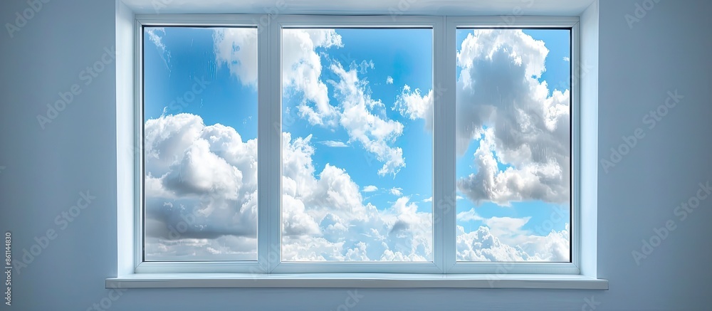 White window in summer cloudy blue sky. Like window to heaven or paradise. Copy space image. Place for adding text and design White window in summer cloudy blue sky. Like window to heaven or paradise. Copy space image. Place for adding text and design