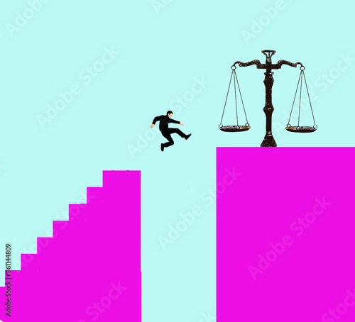 Illustration of man jumping over large ravine towards justice scale against blue background photo