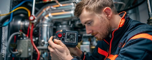 Technician using a thermal imaging camera on a boiler,