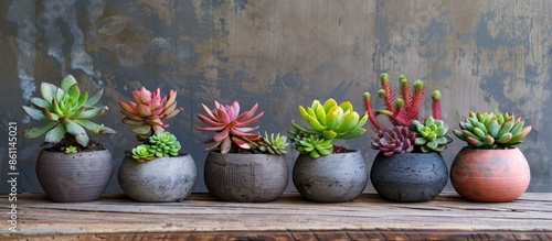 To view of florarium vase with succulent plants in a concrete pots over wooden table. Small garden with miniature and decorative plants. Home indoor plants. Copy space image photo