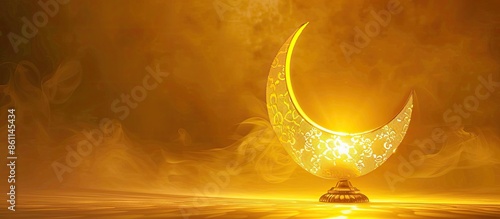 Islamic concept image, Yellow lantern lamp with crescent moon shape. Copy space image. Place for adding text and design photo