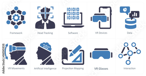 A set of 10 Virtual Reality icons as framework, head tracking, software