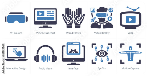 A set of 10 Virtual Reality icons as vr glasses, video content, wired glasses