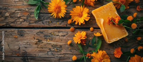 Natural handmade soap with calendula (pot marigold) and sea-buckthorn on rustic wooden background. Copy space image. Place for adding text and design photo