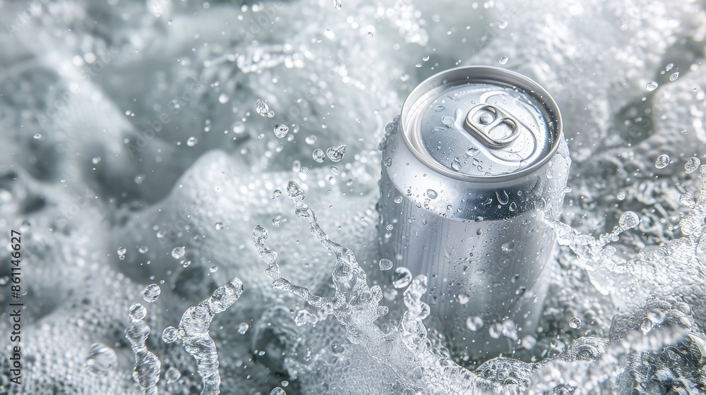 Aluminum can. Empty can with water splashing on a light blue background. Aluminum can. Empty can with water splashing on a light blue background.