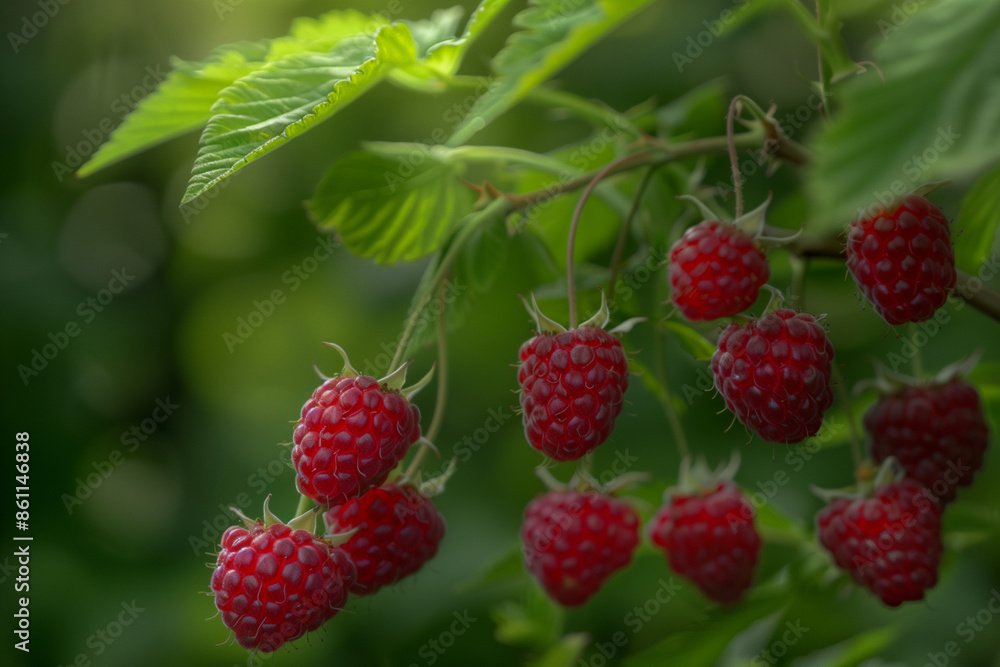 Fresh ripe raspberries hanging on green vines with blurred green background creating a natural setting Fresh ripe raspberries hanging on green vines with blurred green background creating a natural setting