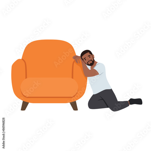 Young man in business clothes tired, jobless worried problem. Flat vector illustration isolated on white background