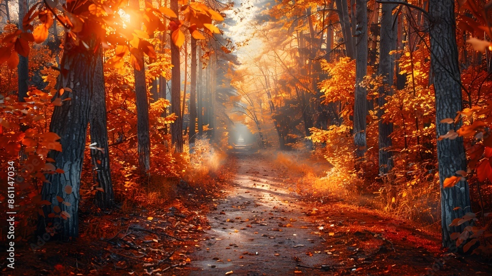 Fototapeta premium Scenic Autumn Trail Through Vibrant Forest Landscape
