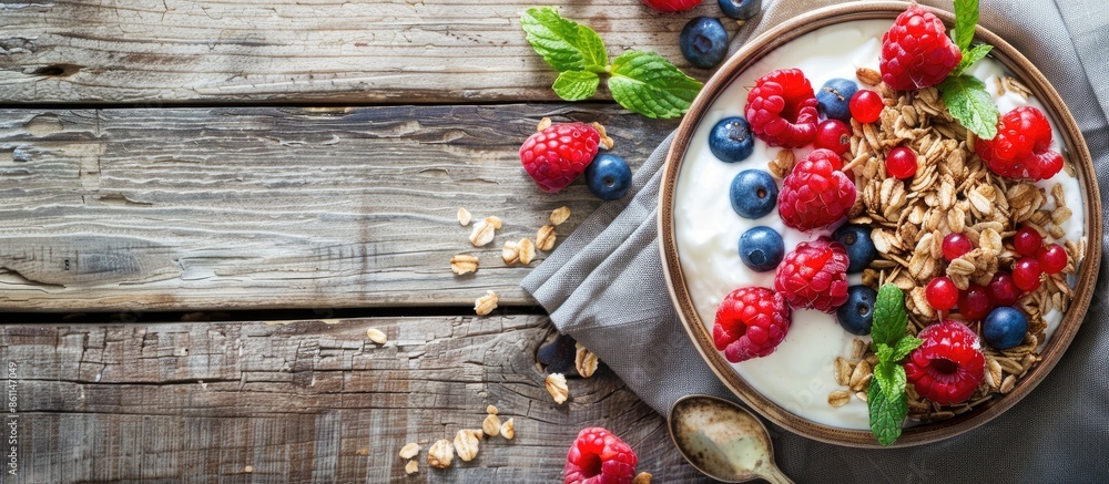 Bowl of homemade granola with yogurt and fresh berries on wooden background from top view. Copy space image. Place for adding text or design Bowl of homemade granola with yogurt and fresh berries on wooden background from top view. Copy space image. Place for adding text or design