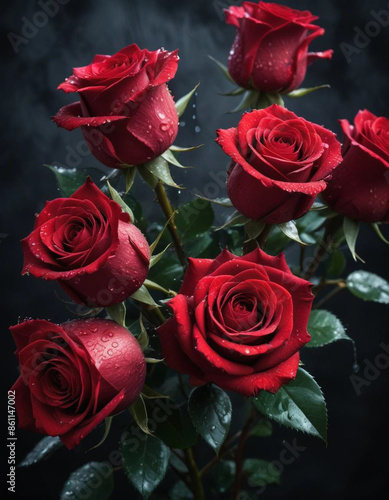 Wallpaper Mural _A-bouquet-of-vibrant-red-roses-with-water-droplets  Torontodigital.ca