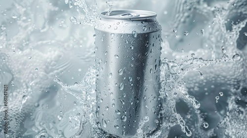 Aluminum cans. Empty can with water splashing on a light gray background.