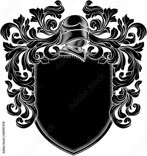 Coat of arms crest knight family medieval shield heraldry heraldic armorial motif. Featuring a knights helm helmet in a vintage etching engraving woodcut style