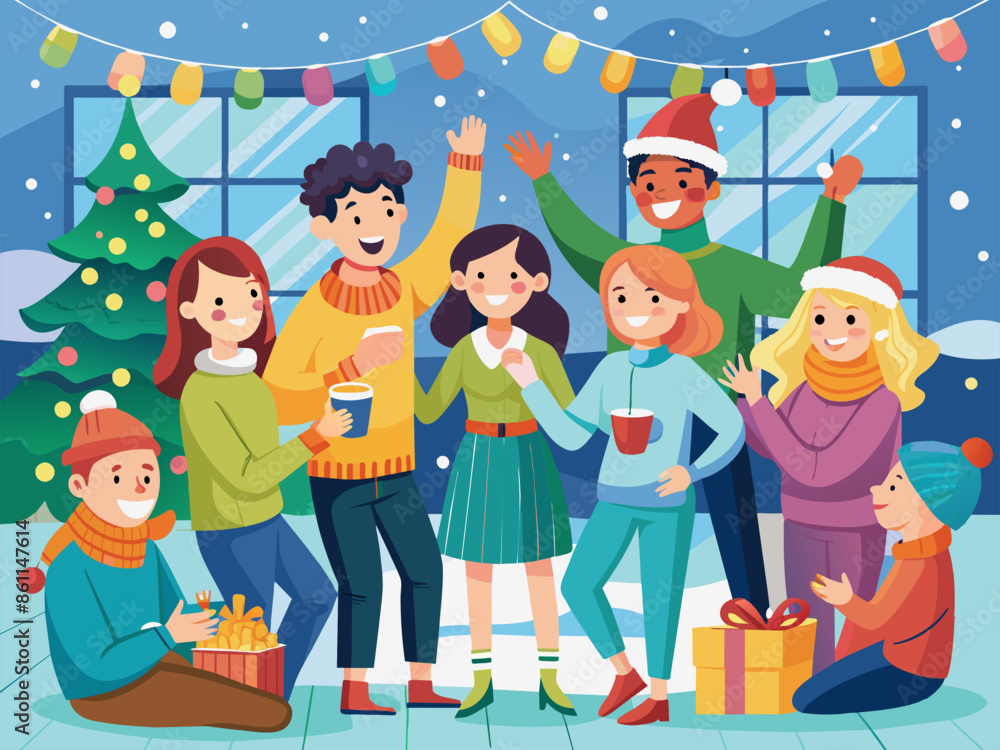 Joyful holiday with loved ones and friends brings happiness, fostering togetherness and celebration. A joyful group of friends celebrating the holidays with festive decorations, presents, and happines