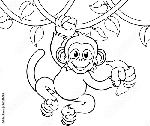 A monkey cartoon character singing on jungle vines with banana