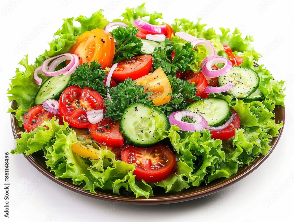 A delicious plate of salad with fresh vegetables, lettuce, tomatoes, cucumbers, bell peppers, and red onions, topped with a tangy vinaigrette dressing A delicious plate of salad with fresh vegetables, lettuce, tomatoes, cucumbers, bell peppers, and red onions, topped with a tangy vinaigrette dressing