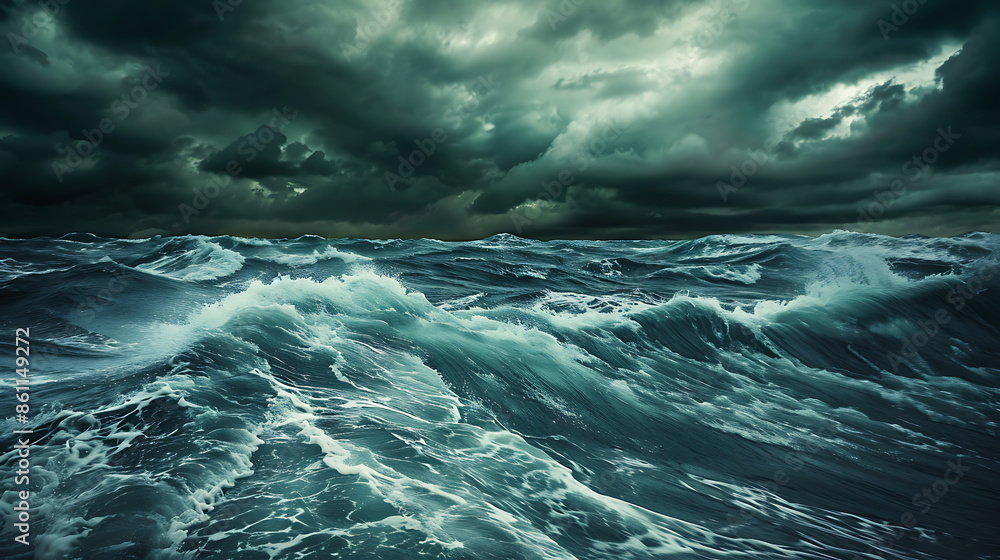 Fototapeta premium Stormy winds at sea, high waves, overcast sky