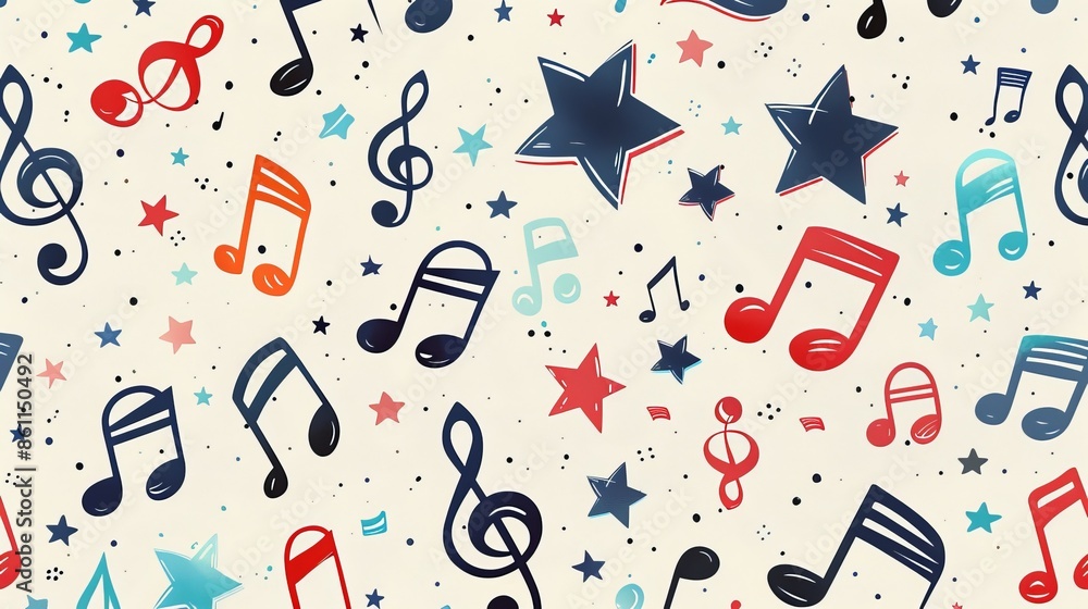 Cartoon print of music notes and stars, Cartoon print of music notes and stars,