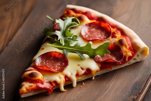 Rustic Pizza Slice: A Savory Slice of Artisanal Delight.
A warm and earthy image depicting a close-up of a single pizza slice, showcasing the pepperoni, mozzarella cheese, salami.. photo