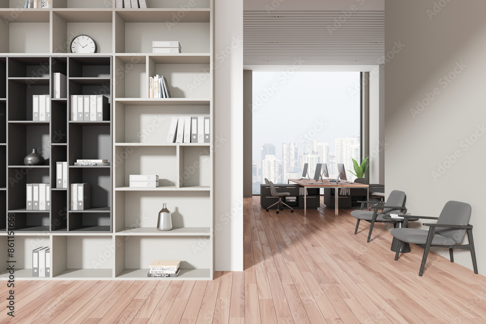 Fototapeta premium Office interior with lounge and coworking zone, shelf and panoramic window