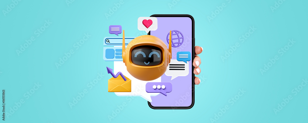 Fototapeta premium Hand showing smartphone screen with robot icon, colored background