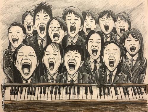 Monochromatic drawing of a classroom choir,