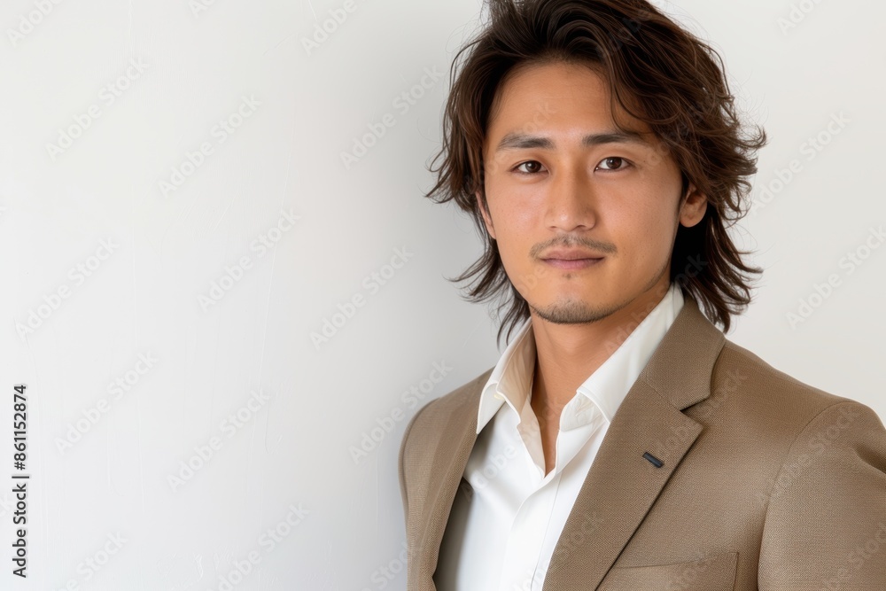 Confident Korean Man in Beige Suit. Generative AI. Confident Korean Man in Beige Suit. Generative AI.