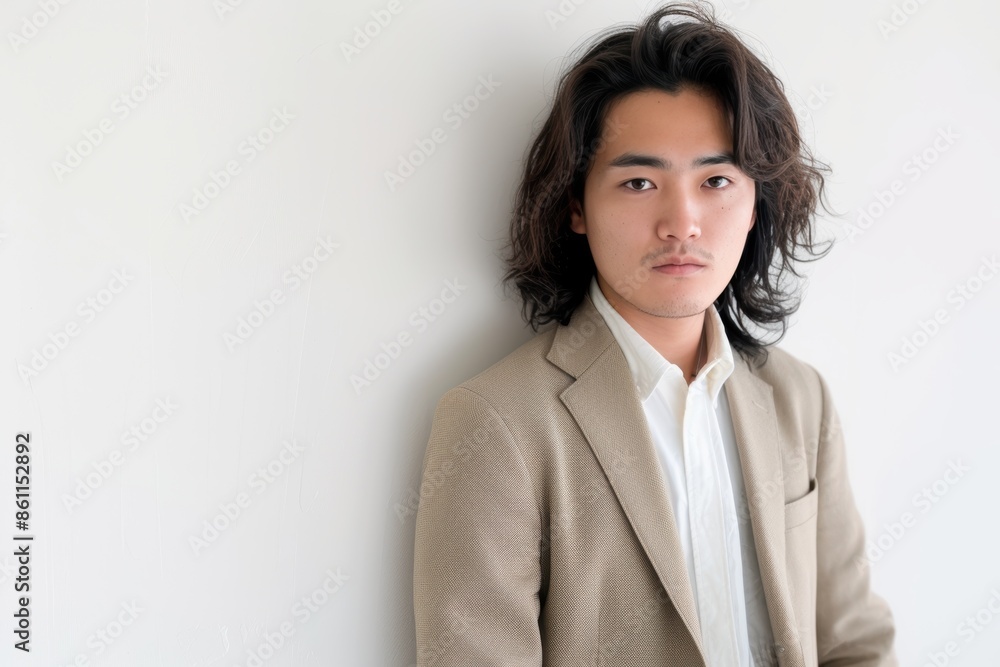 Stylish Korean Man in Beige Suit. Generative AI. Stylish Korean Man in Beige Suit. Generative AI.
