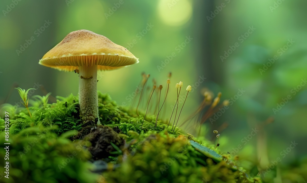 Fototapeta premium Mushroom on a Moist Forest Floor with Moss and Lichen, Generative AI