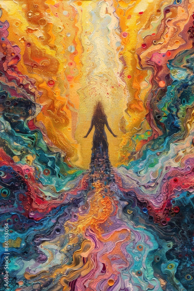 A painting of a woman standing in a colorful, swirling background A painting of a woman standing in a colorful, swirling background