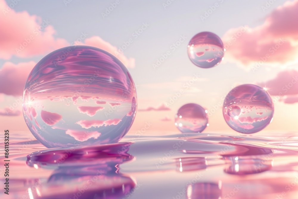 image of glass spheres levitating in pink clouds over water surface. image of glass spheres levitating in pink clouds over water surface.