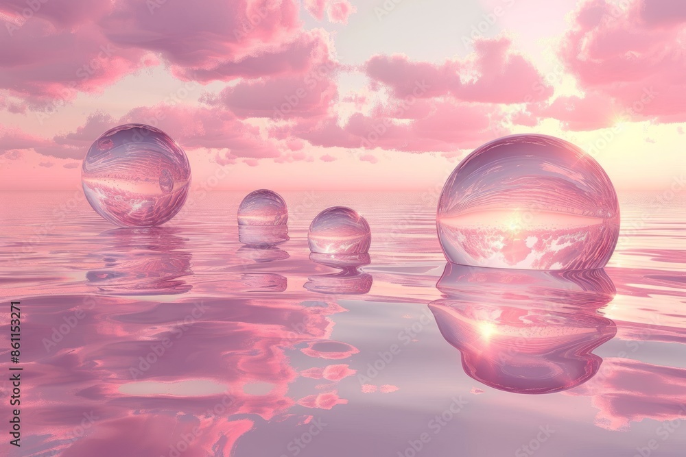 image of glass spheres levitating in pink clouds over water surface.