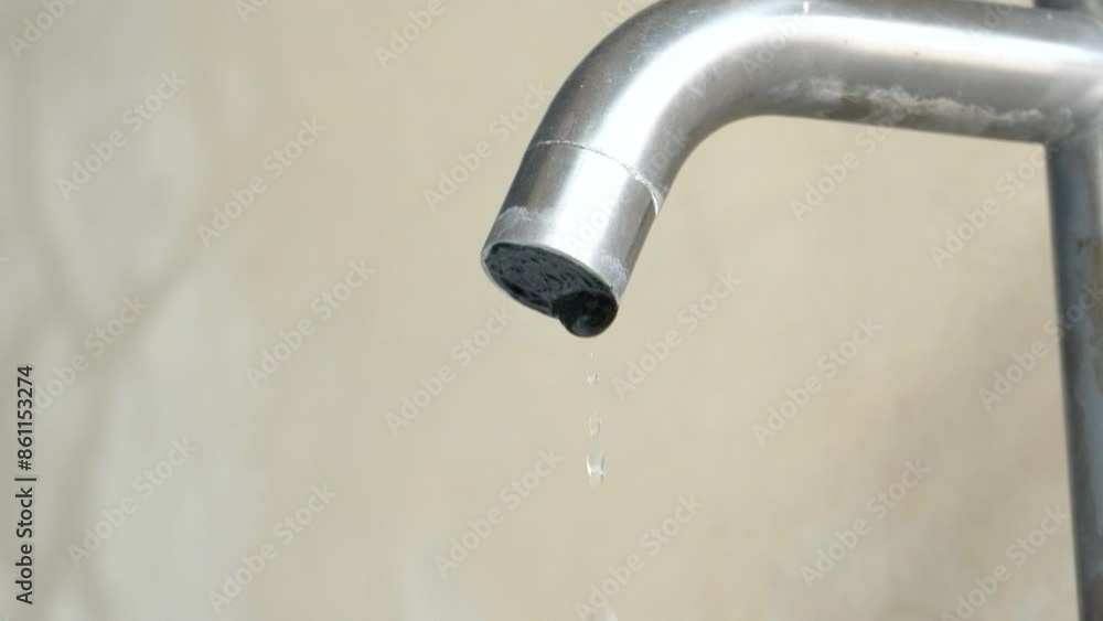 Water drips from a stainless steel water faucet. Water drips from a stainless steel water faucet.